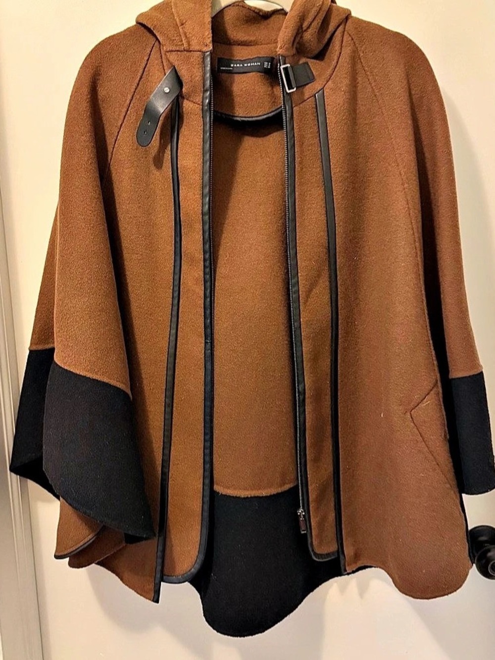 Zara Wool Blend Hooded Cape Brown & Black - Picture 3 of 9